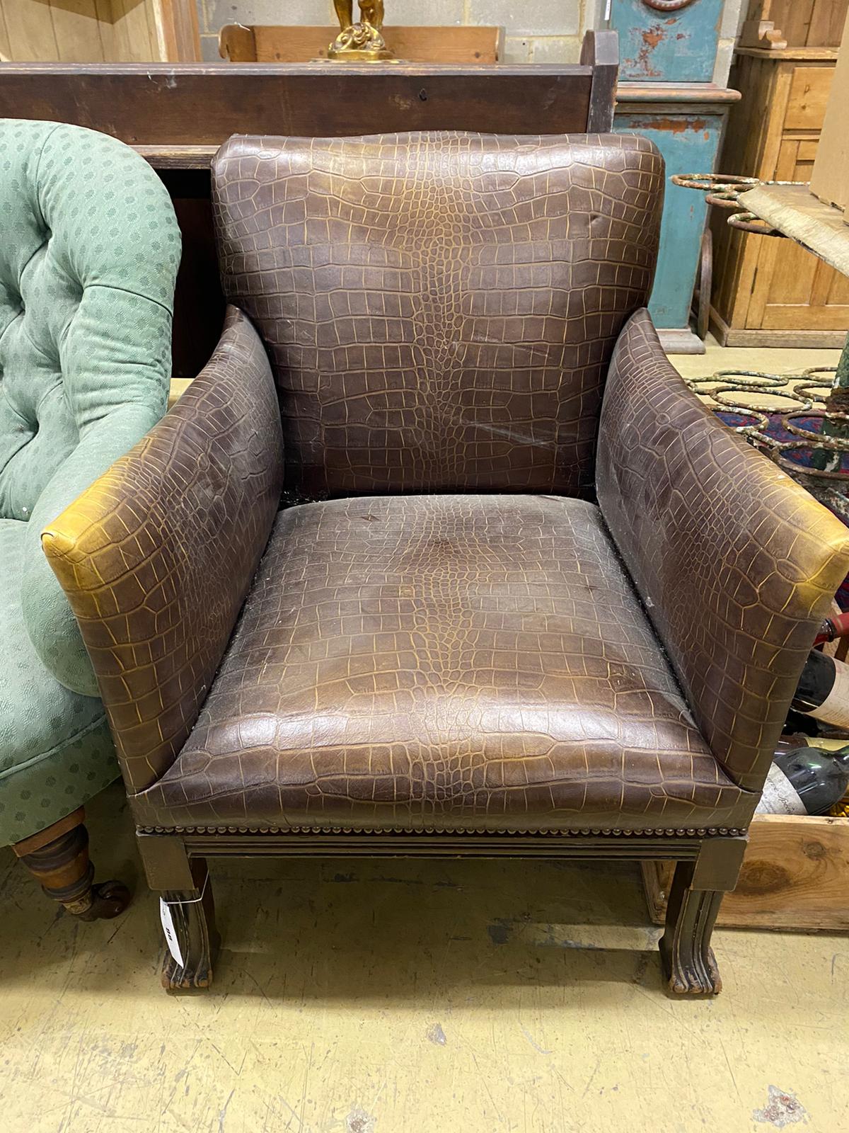 A faux crocodile club chair together with a Victorian spoonback chair